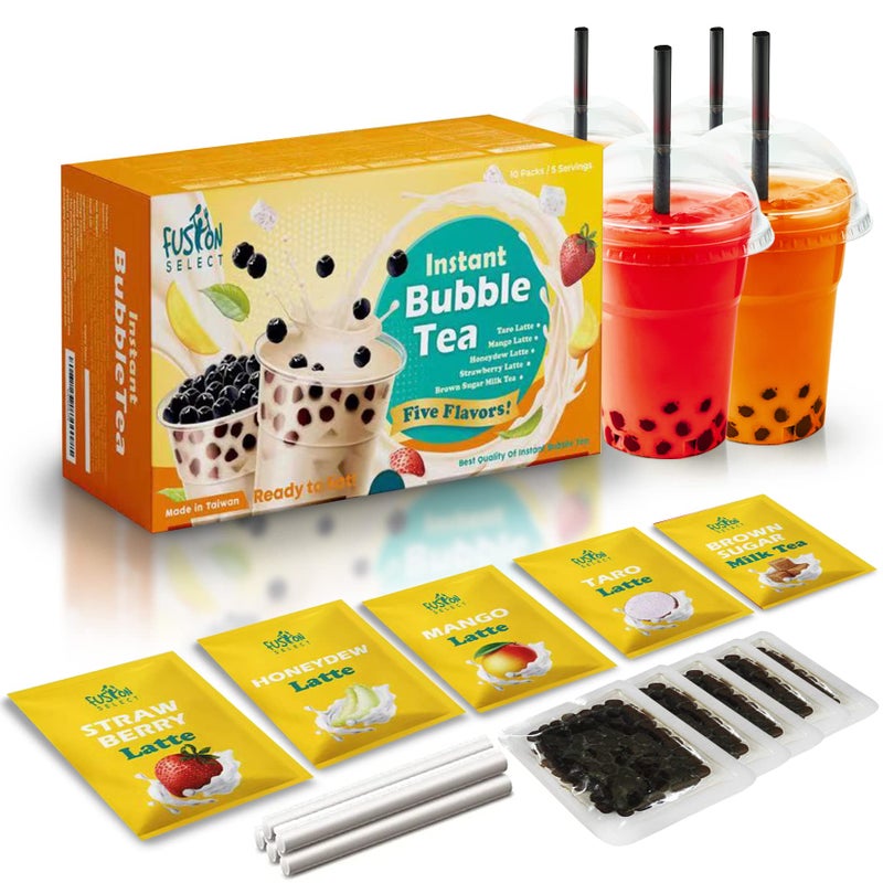 Fusion Select 5 Packs Taro, Mango, Honeydew, Strawberry Bubble Tea Kit Set With Extra Rich Tapioca Pearls, Straws - Image 1